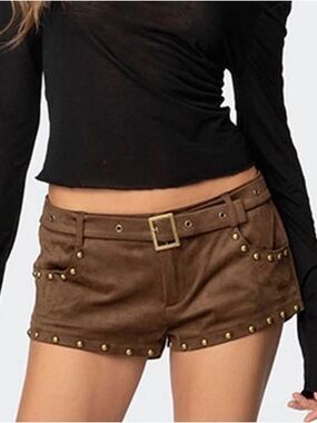 Edikted Brown Studded High Waist Shorts with Belt